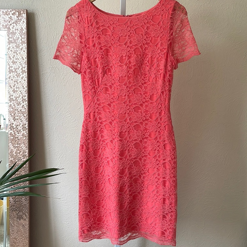 Eliza J beautiful lace coral sheath pencil dress